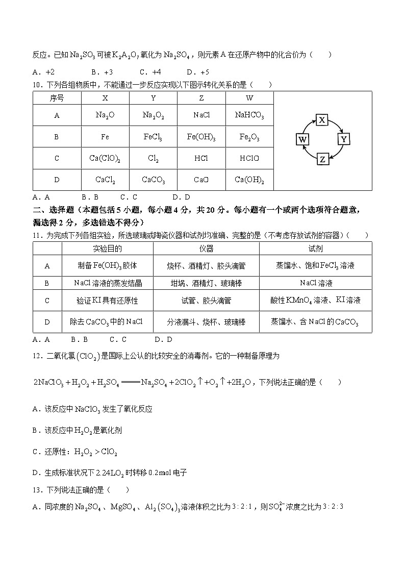 2024山东省实验中学高一上学期期中考试化学无答案03