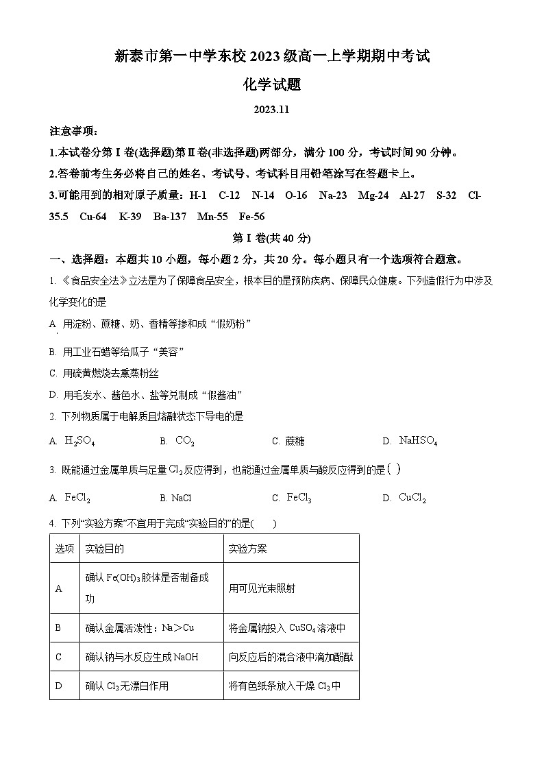 2024新泰一中东校高一上学期期中考试化学含解析01