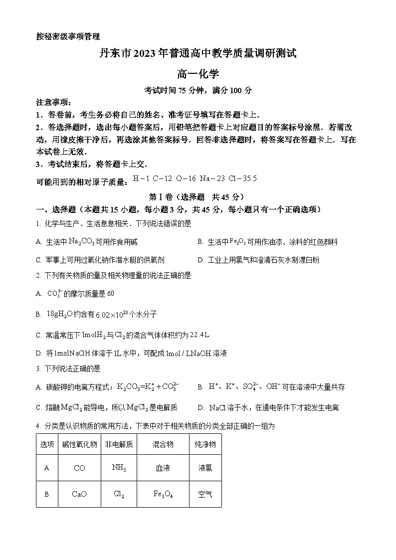 2024丹东高一上学期期中教学测试化学含解析第1页