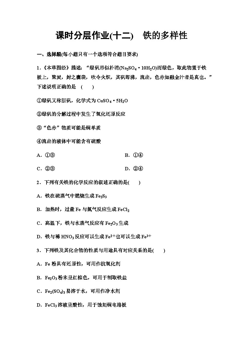 鲁科版高考化学一轮复习课时分层作业12铁的多样性含答案第1页