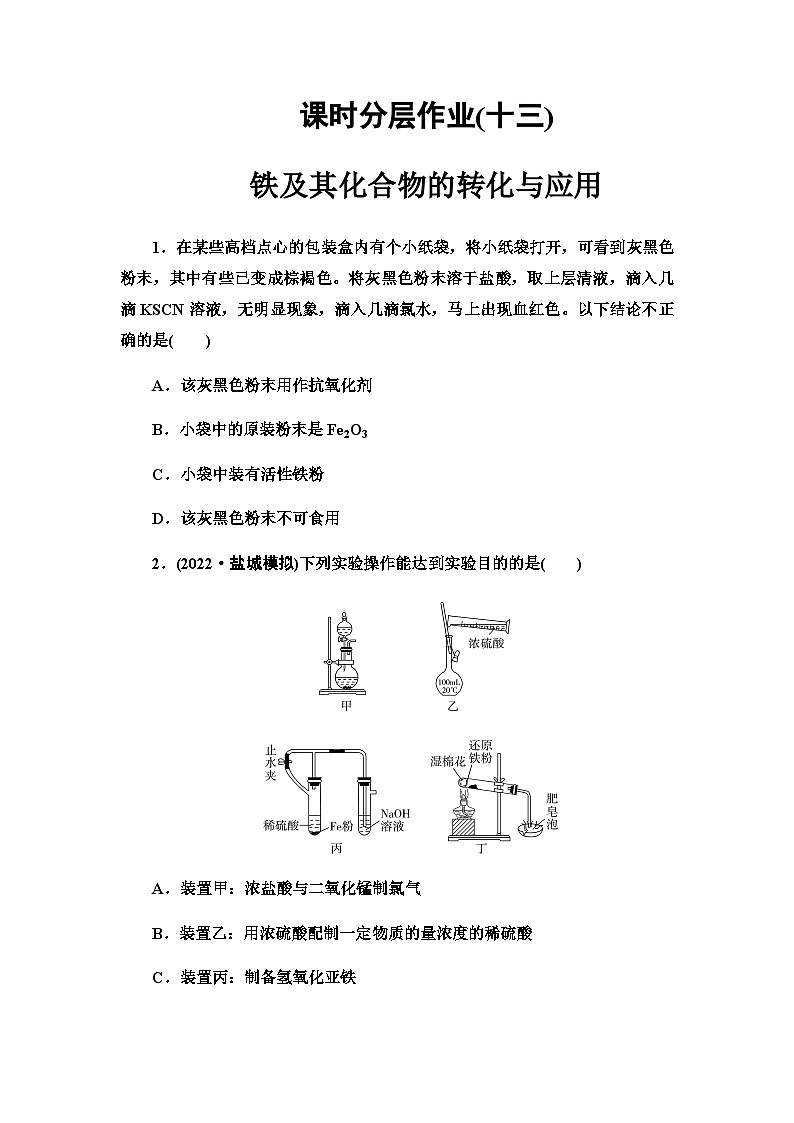 2024届高考化学一轮复习课时分层作业13铁及其化合物的转化与应用含答案01