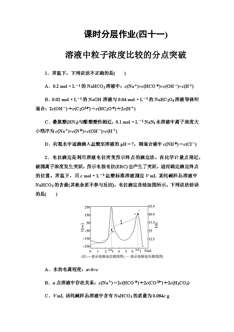 2024届高考化学一轮复习课时分层作业41溶液中粒子浓度比较的分点突破含答案01