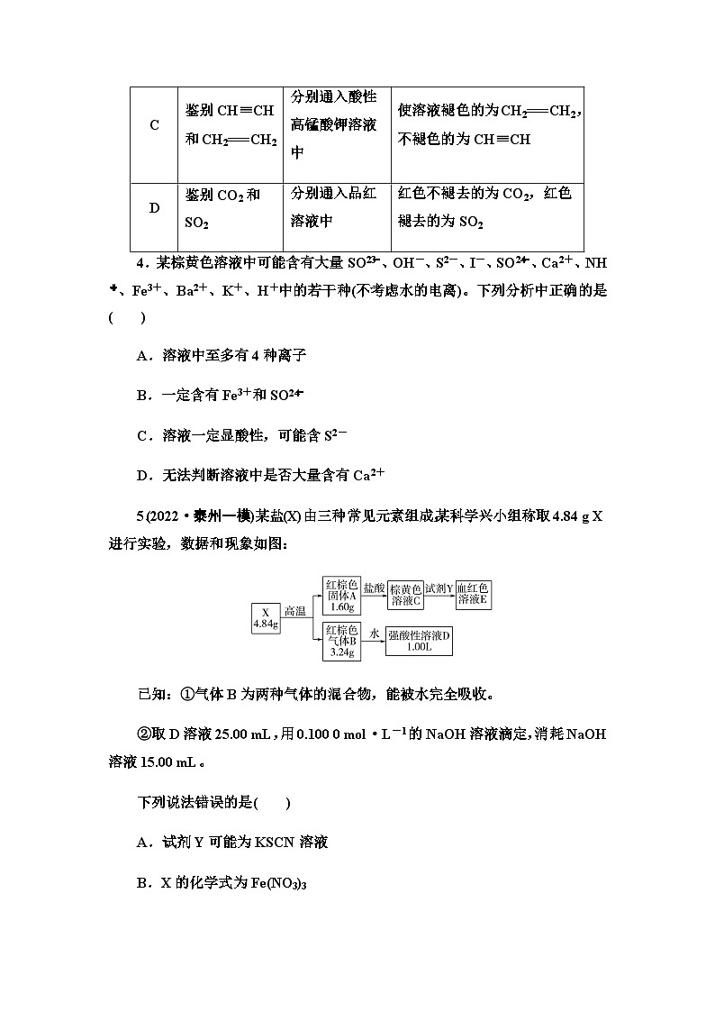 2024届高考化学一轮复习课时分层作业55物质的检验与鉴别含答案02
