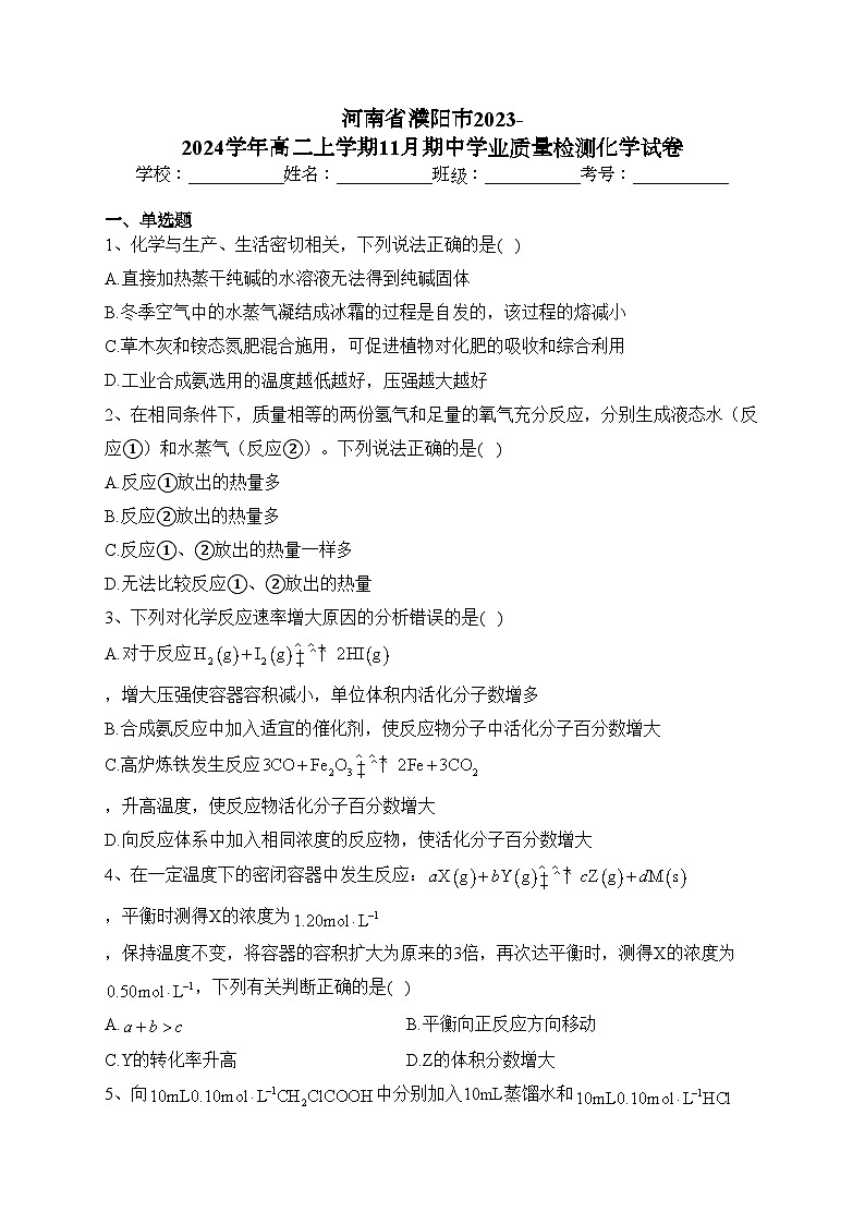 河南省濮阳市2023-2024学年高二上学期11月期中学业质量检测化学试卷(含答案)01