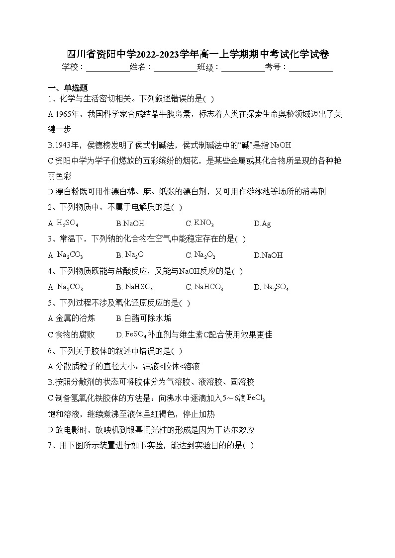 四川省资阳中学2022-2023学年高一上学期期中考试化学试卷(含答案)01