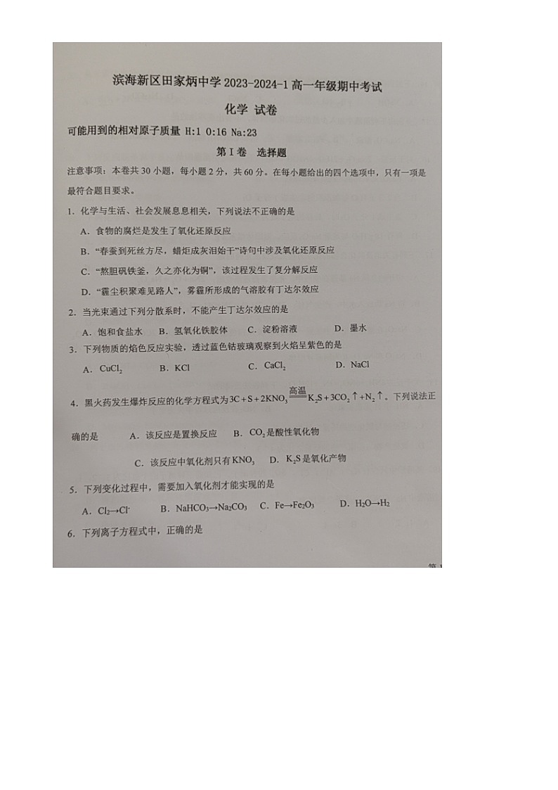 2024天津滨海新区田家炳中学高一上学期期中化学试题扫描版无答案01