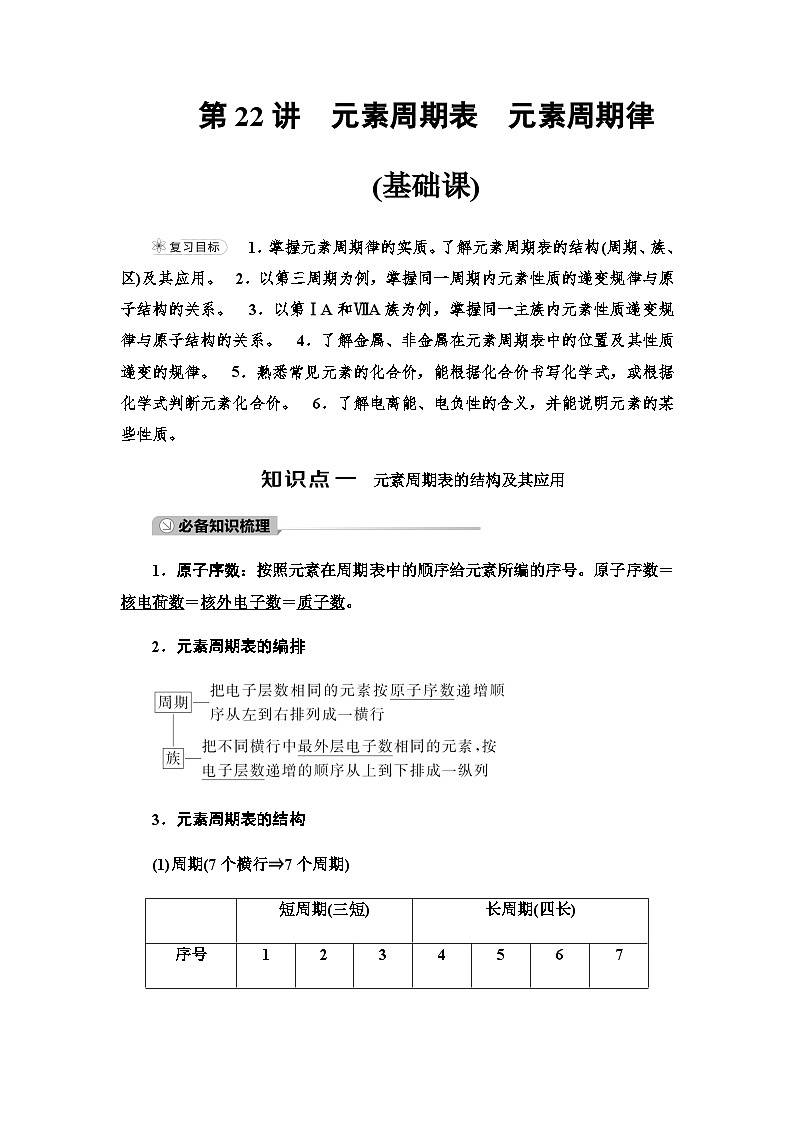 2024届高考化学一轮复习专题5第22讲元素周期表元素周期律基础学案01