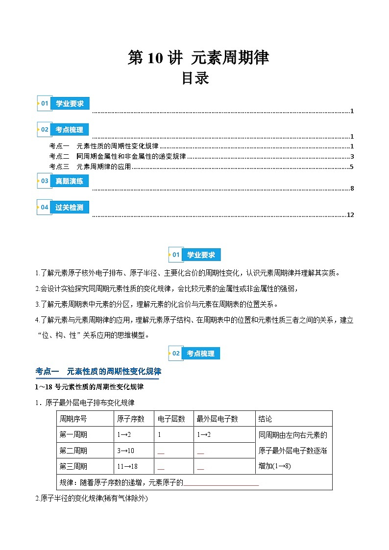 【学考复习】2024年高中化学学业水平考试（新教材专用）第10讲 元素周期律-复习讲义01