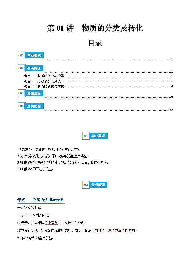【学考复习】2024年高中化学学业水平考试（新教材专用）第01讲 物质的分类及转化-复习讲义01