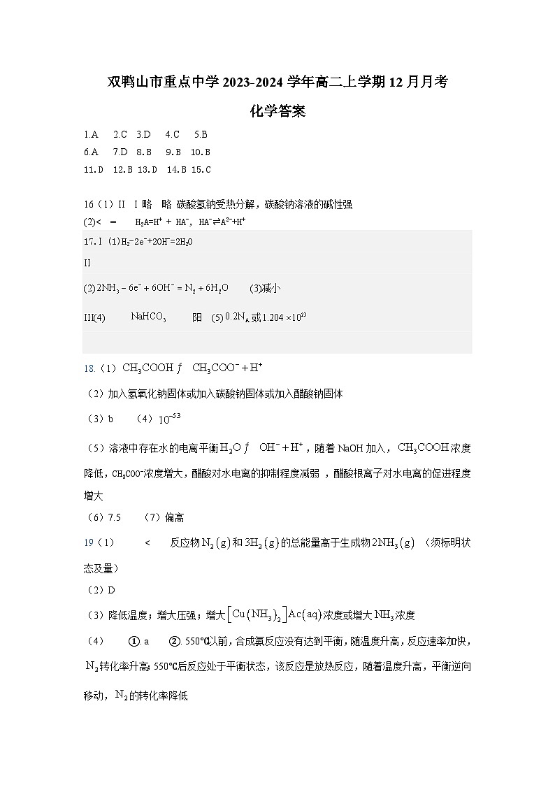 黑龙江省双鸭山市重点中学2023-2024学年高二上学期12月月考化学试题01