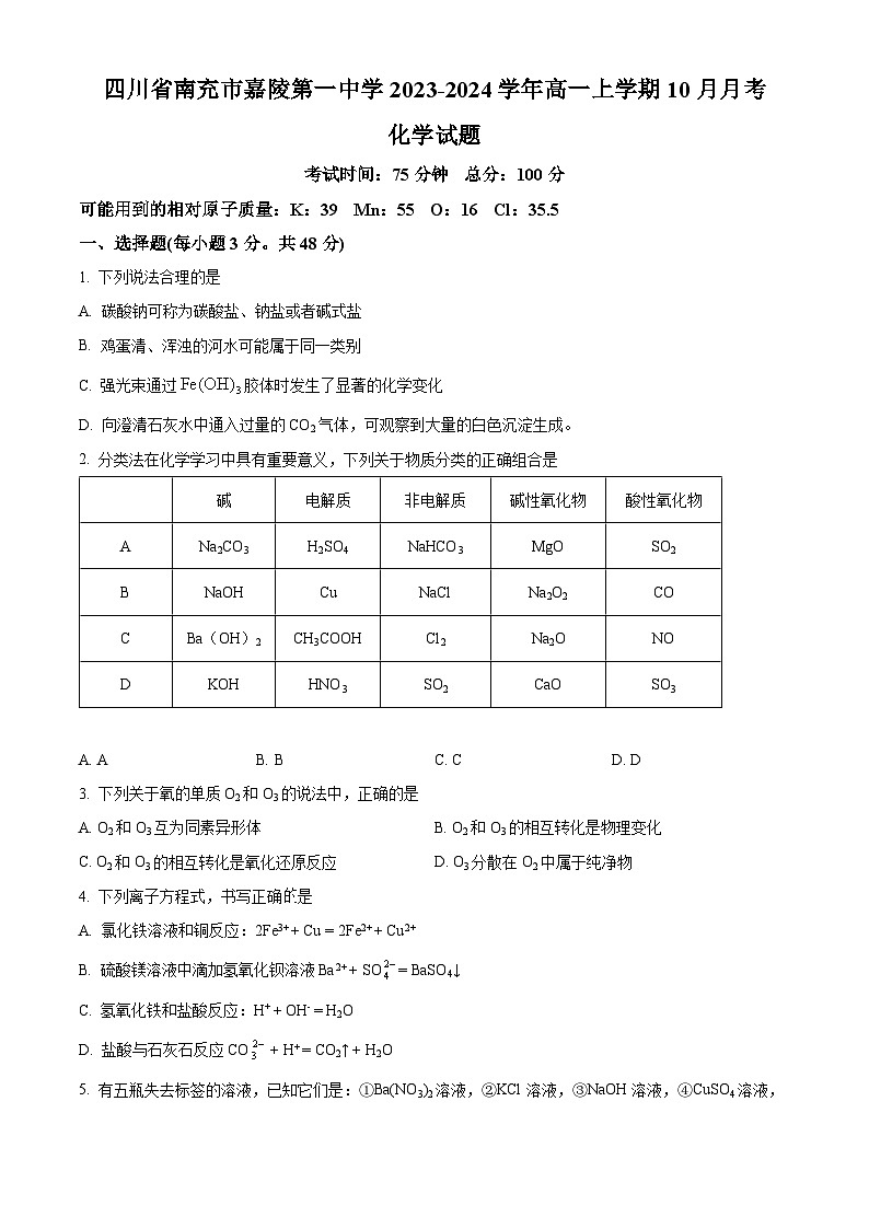四川省南充市嘉陵第一名校2023-2024学年高一上学期10月月考化学试题 Word版无答案第1页