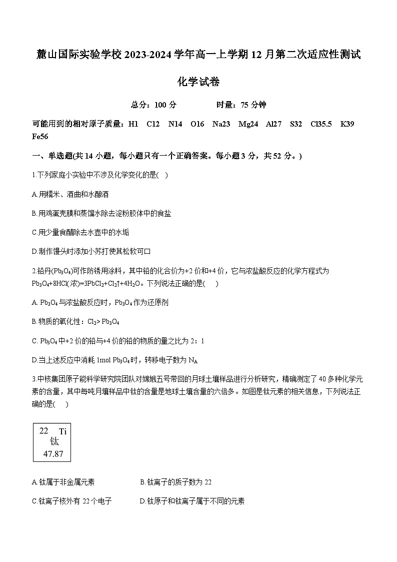湖南省长沙麓山国际实验学校2023-2024学年高一上学期12月第二次适应性测试化学试卷（Word版）01