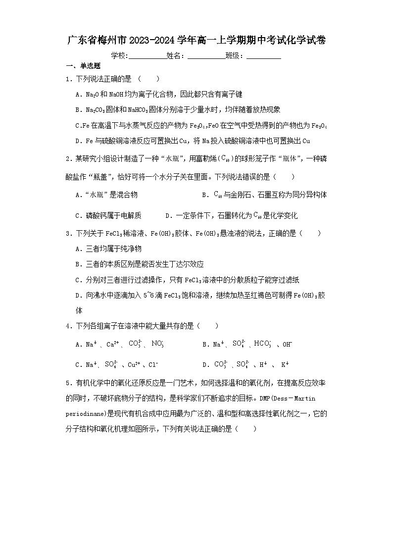 广东省梅州市2023-2024学年高一上学期期中考试化学试卷（含解析）01