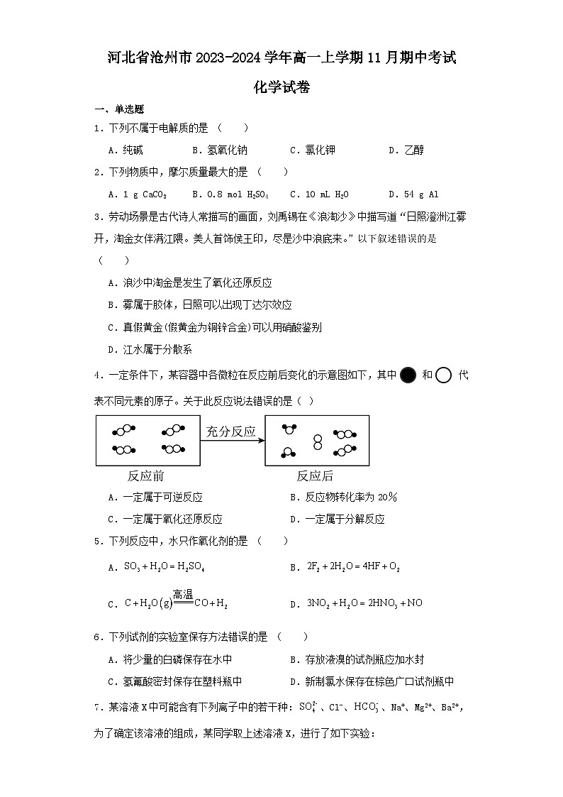 河北省沧州市2023-2024学年高一上学期11月期中考试化学试卷（含解析）01