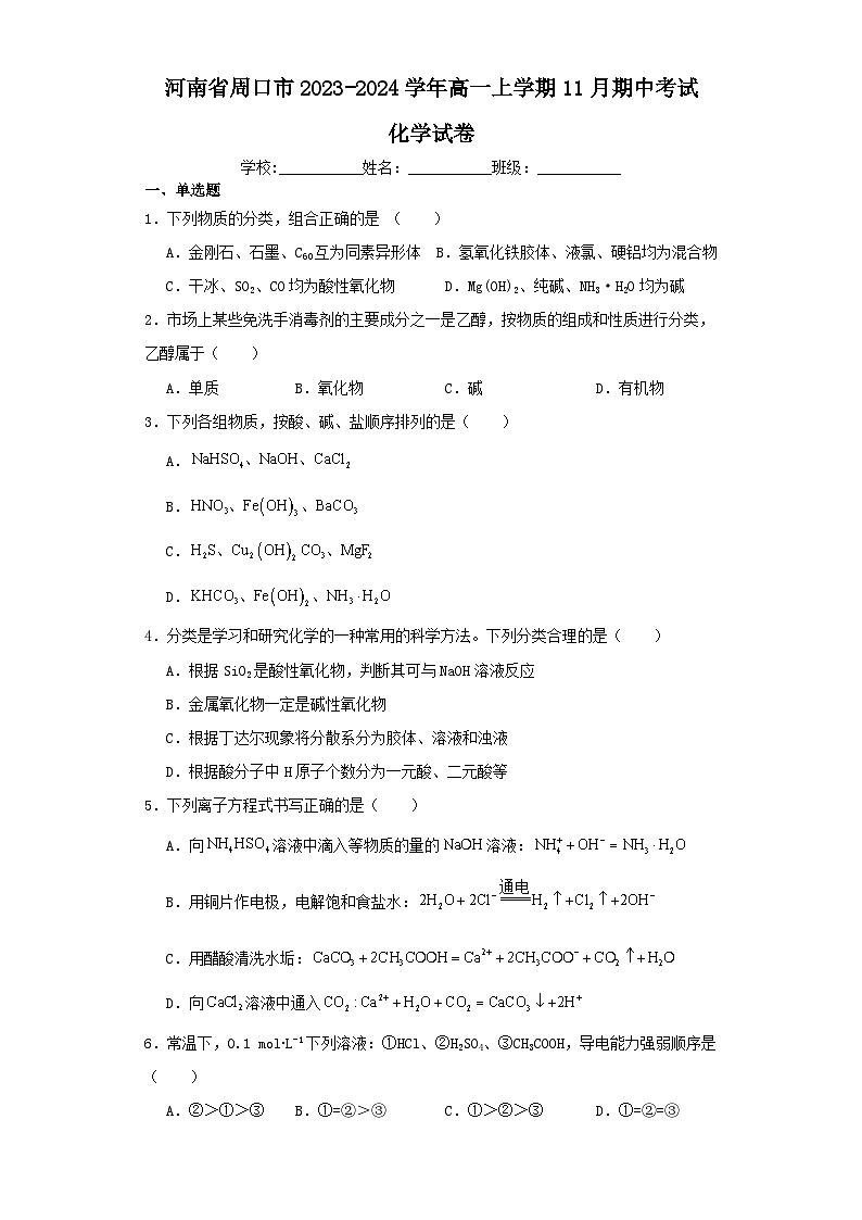 河南省周口市2023-2024学年高一上学期11月期中考试化学试卷（含解析）01