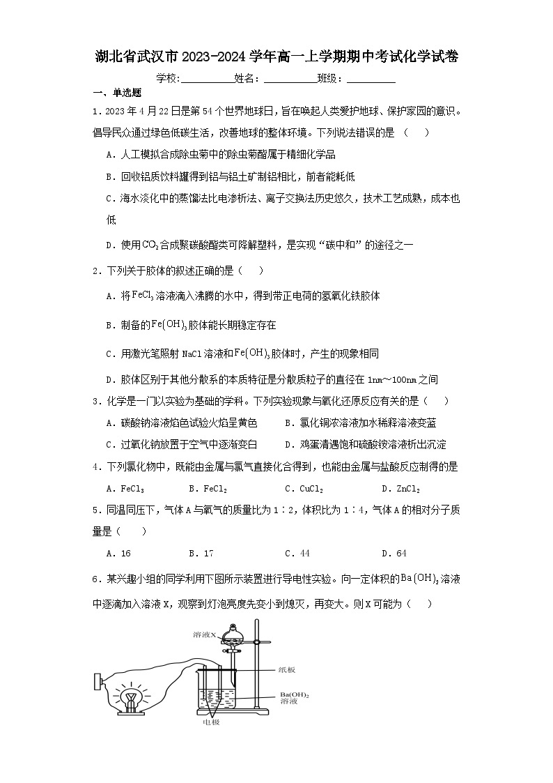 湖北省武汉市2023-2024学年高一上学期期中考试化学试卷（含解析）01