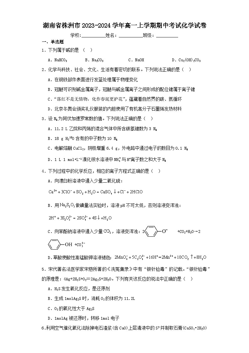 湖南省株洲市2023-2024学年高一上学期期中考试化学试卷（含解析）01