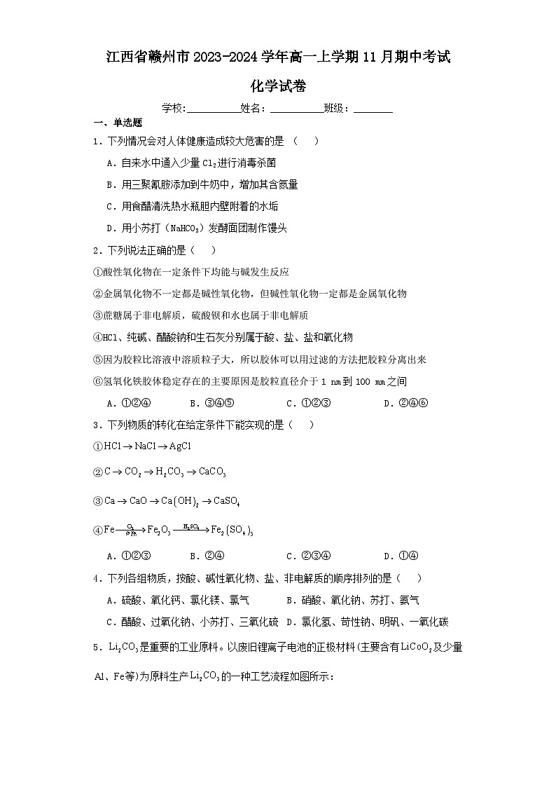 江西省赣州市2023-2024学年高一上学期11月期中考试化学试卷（含解析）第1页
