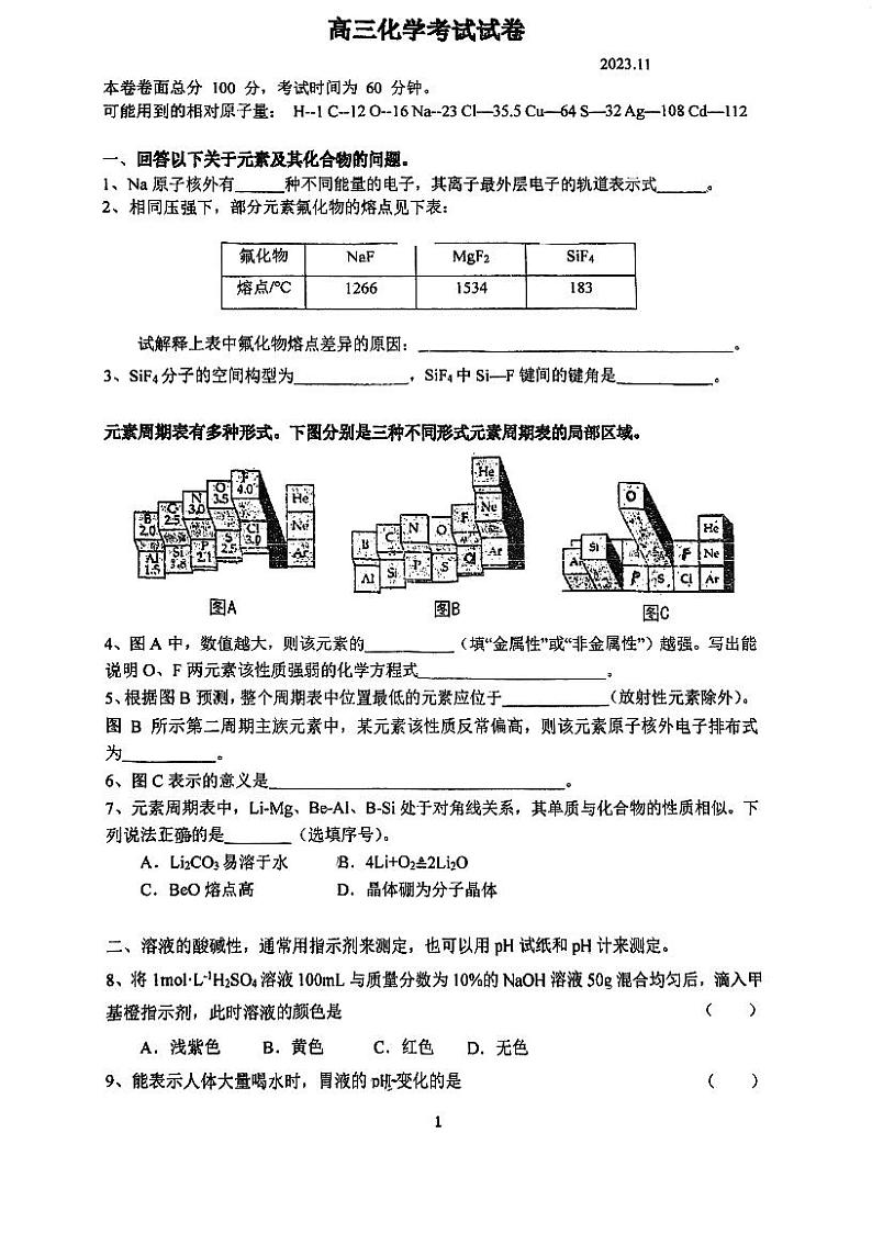 上海市洋泾中学2023-2024学年高三上学期11月月考化学试题（无答案）01