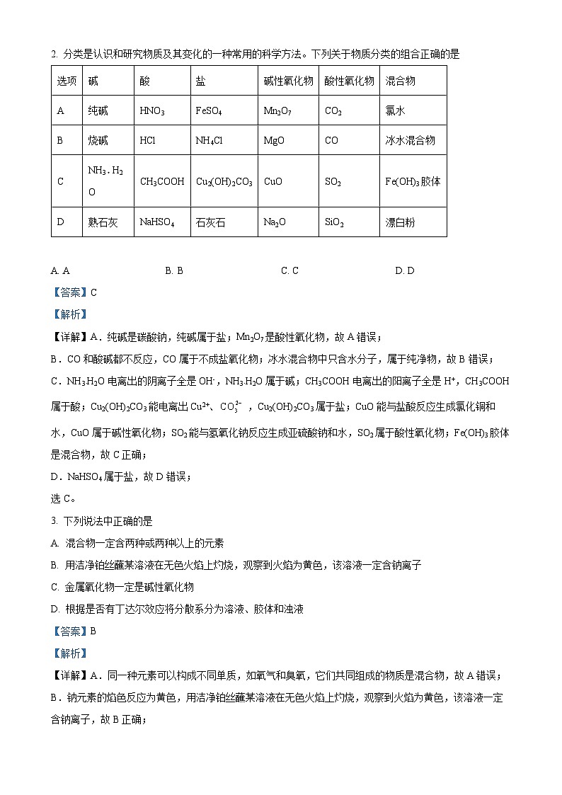 新疆乌鲁木齐市新疆实验中学2023-2024学年高一上学期期中化学试题（Word版附解析）02