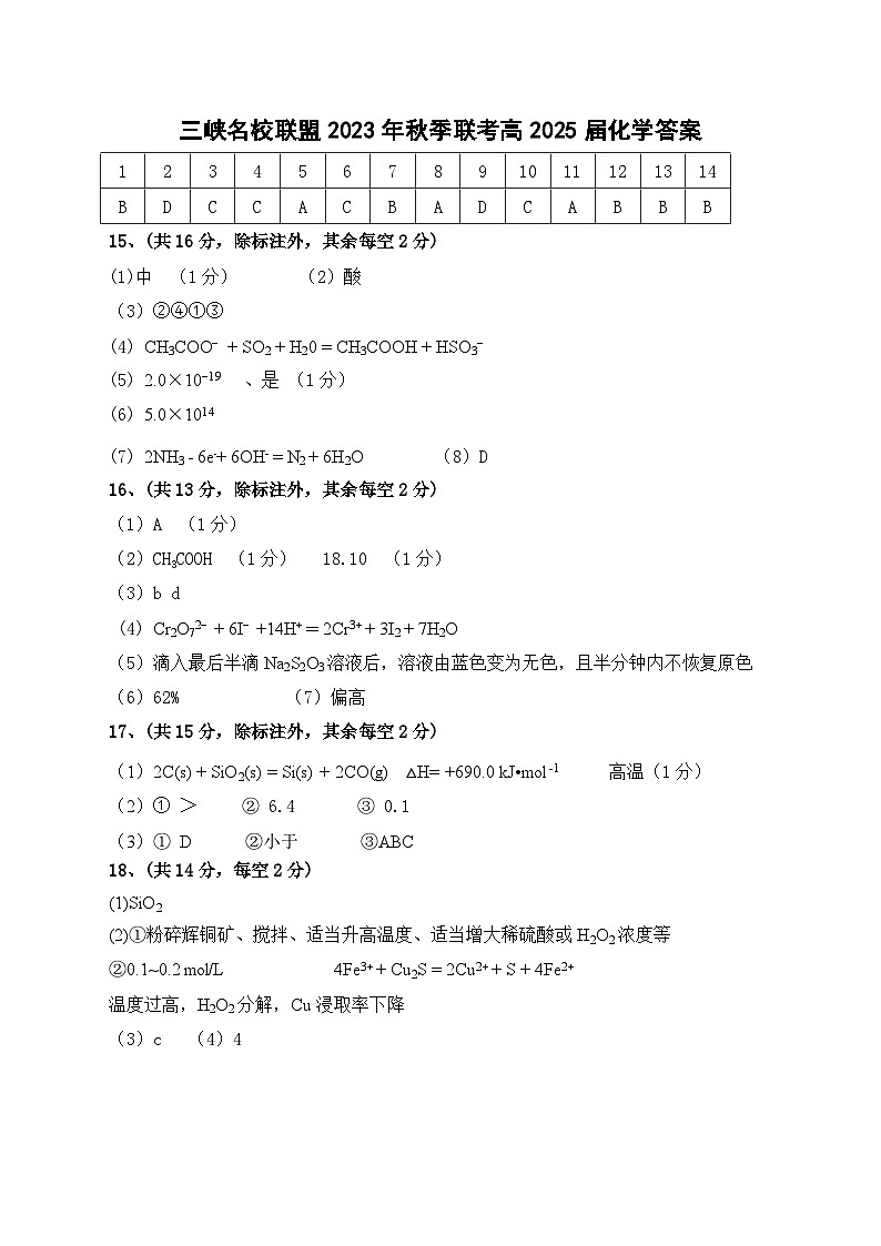 三峡名校联盟2023年秋季联考高2025届化学答案第1页