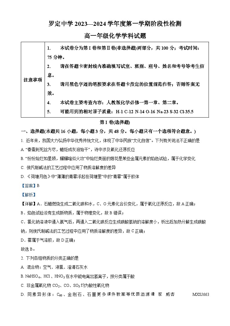 广东省云浮市罗定中学2023-2024学年高一上学期期中考试化学试题（解析版）01
