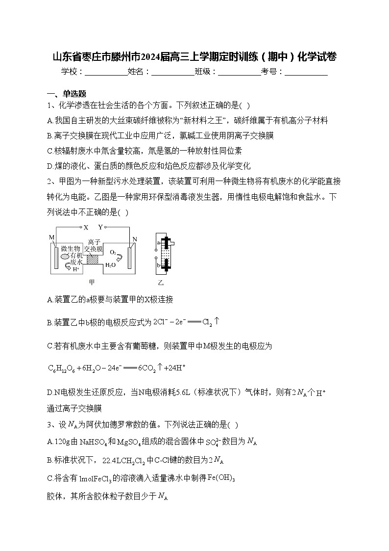 山东省枣庄市滕州市2024届高三上学期定时训练（期中）化学试卷(含答案)01