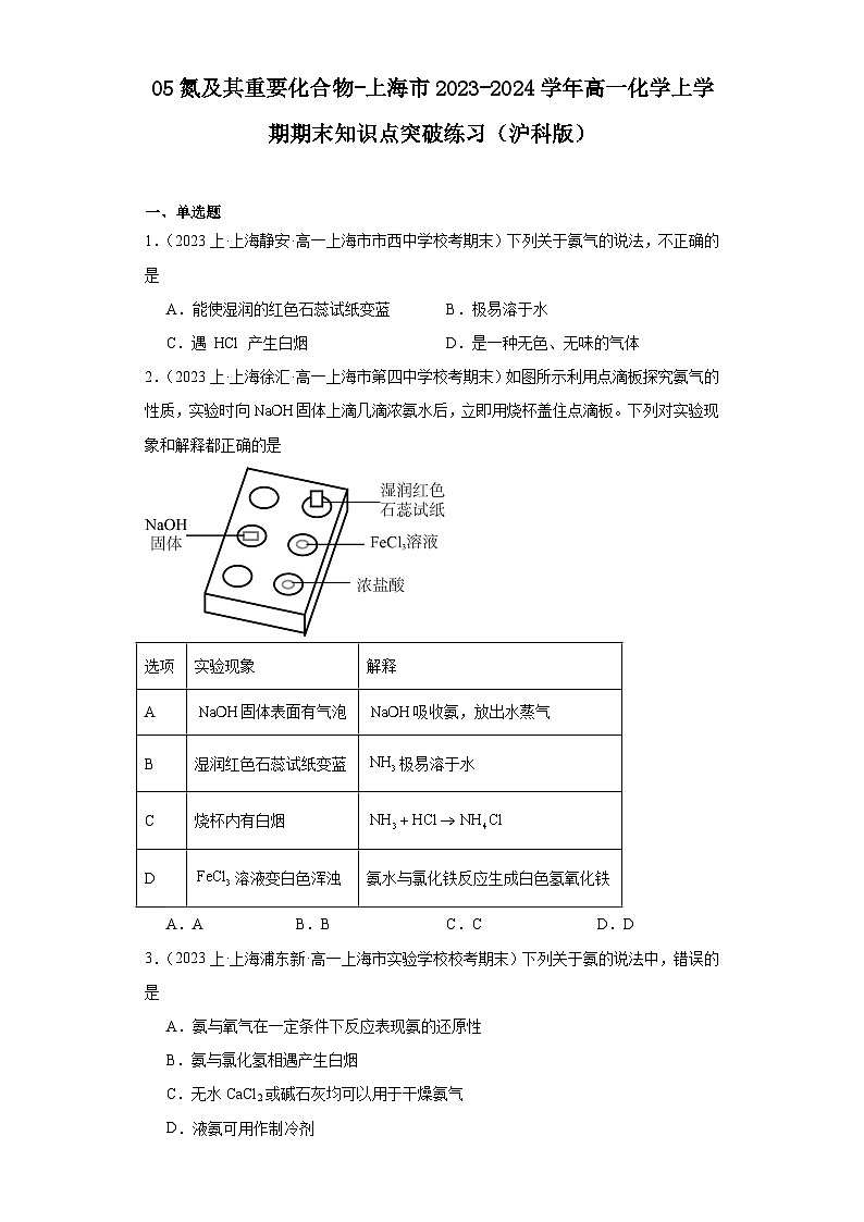 05氮及其重要化合物-上海市2023-2024学年高一化学上学期期末知识点突破练习（沪科版）01