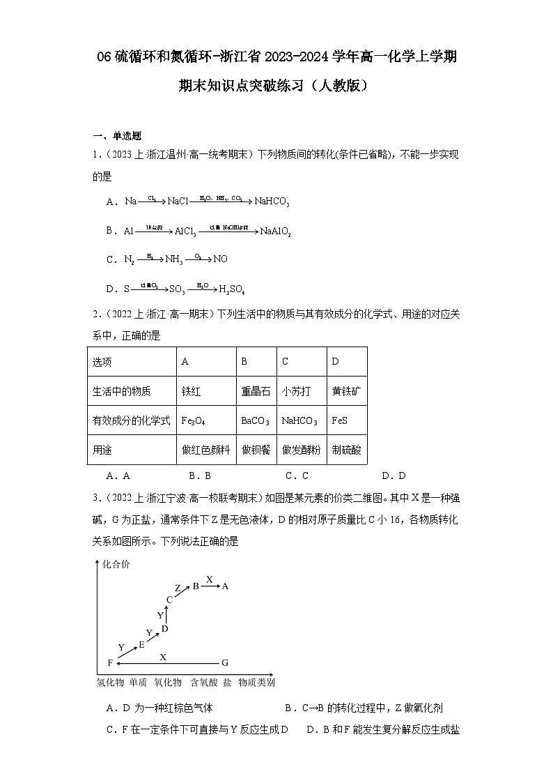 06硫循环和氮循环-浙江省2023-2024学年高一化学上学期期末知识点突破练习（人教版）第1页