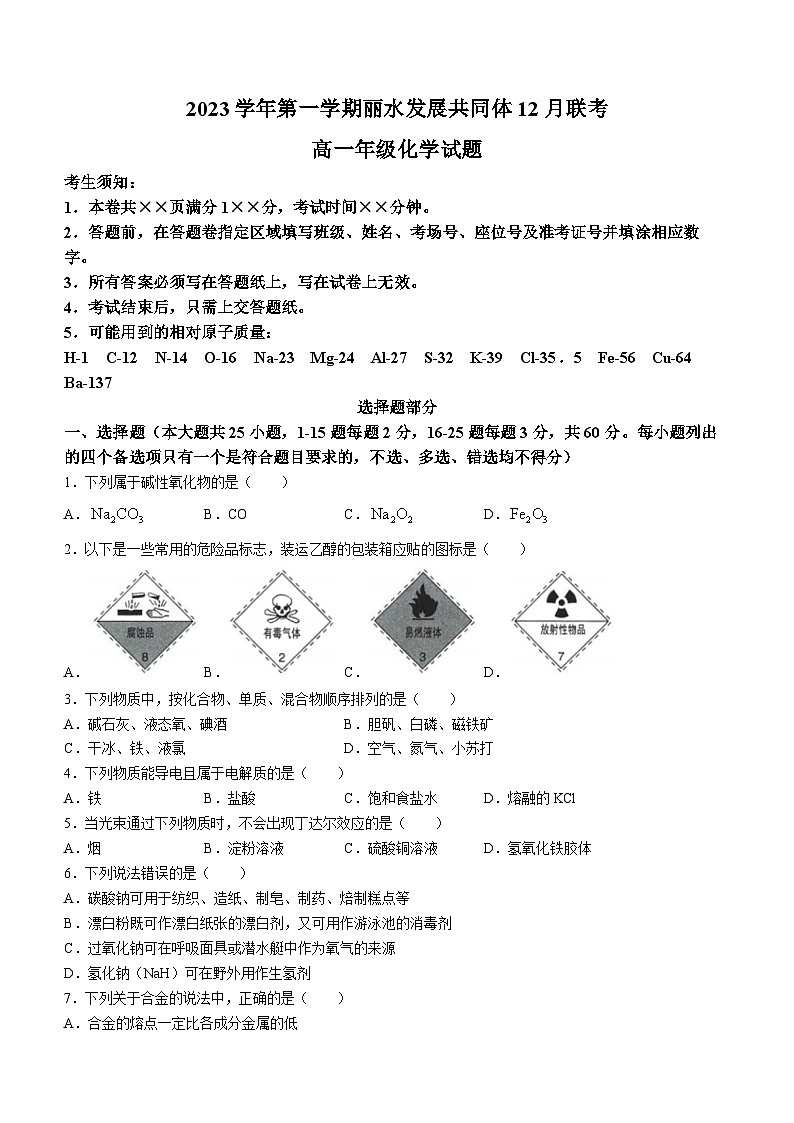 2024丽水发展共同体高一上学期12月联考试题化学含答案01