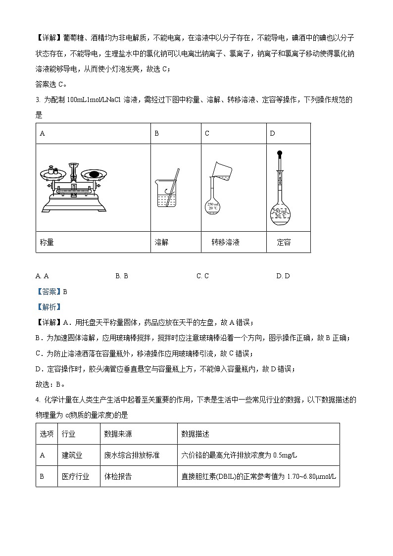 精品解析：贵州省遵义市南白中学2021-2022 学年高一上学期期末检测化学试题（解析版）第2页