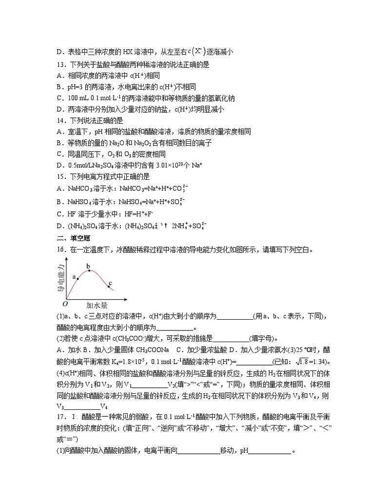 3.1 电离平衡  同步练习题   高中化学人教版（2019）选择性必修一第3页