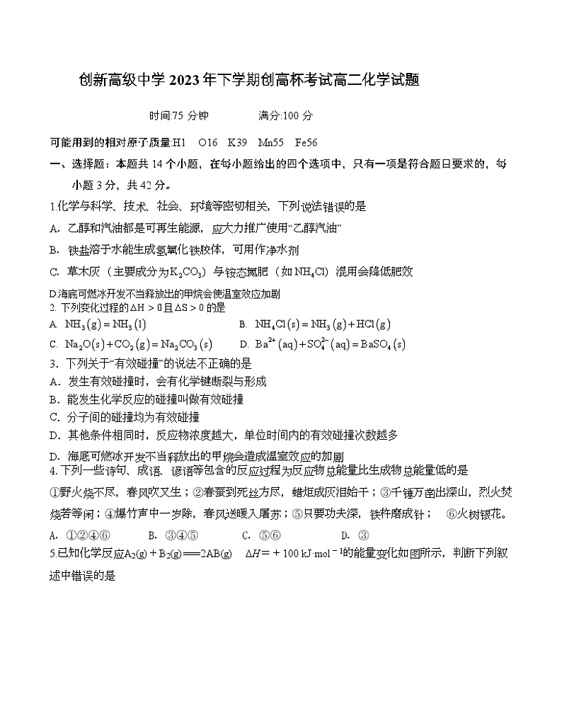 2024邵阳邵东创新高级中学高二上学期创高杯考试化学含答案第1页