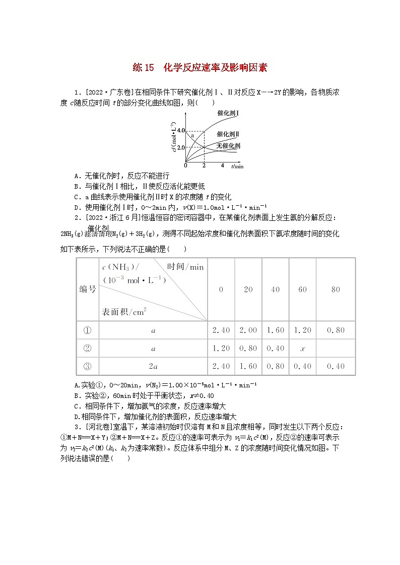 统考版2024届高考化学二轮专项分层特训卷练15化学反应速率及影响因素（附解析）01
