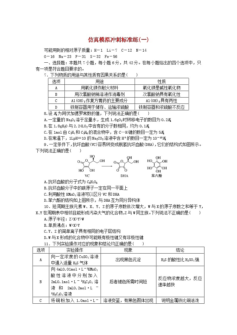 统考版2024届高考化学二轮专项分层特训卷仿真模拟冲刺标准练一（附解析）第1页