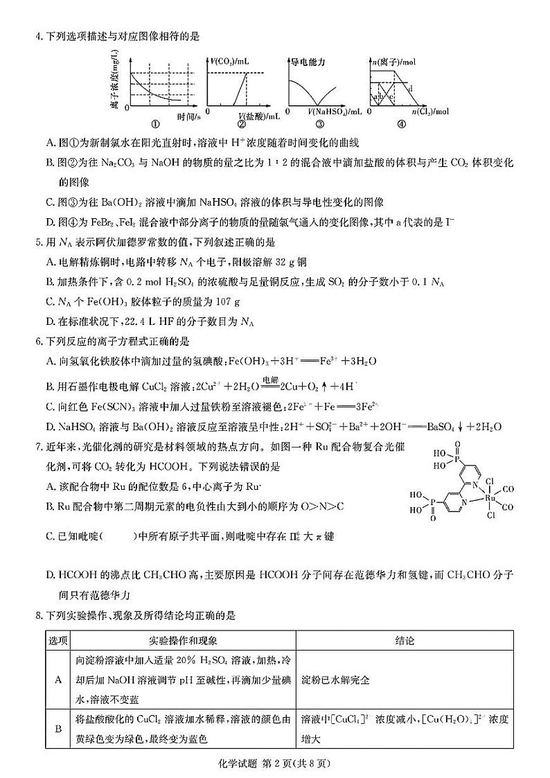2024届八省八校T8联考 高三第一次学业质量评价化学试卷02