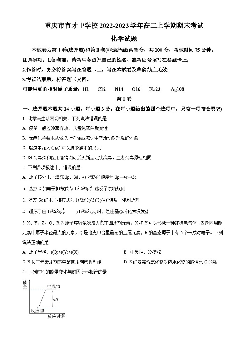 重庆市育才中学校2022-2023学年高二上学期期末考试化学试题（含答案解析）01