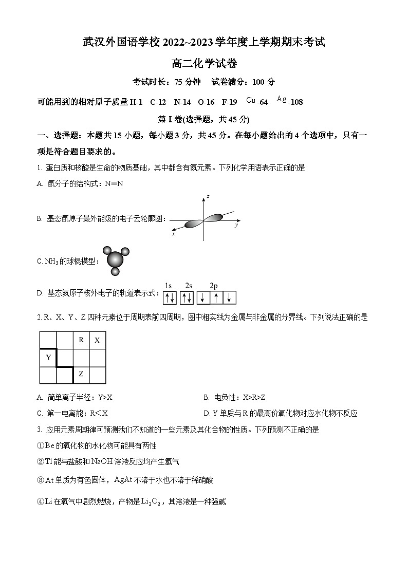 湖北省武汉外国语学校2022-2023学年高二上学期期末考试化学试题（含答案解析）01