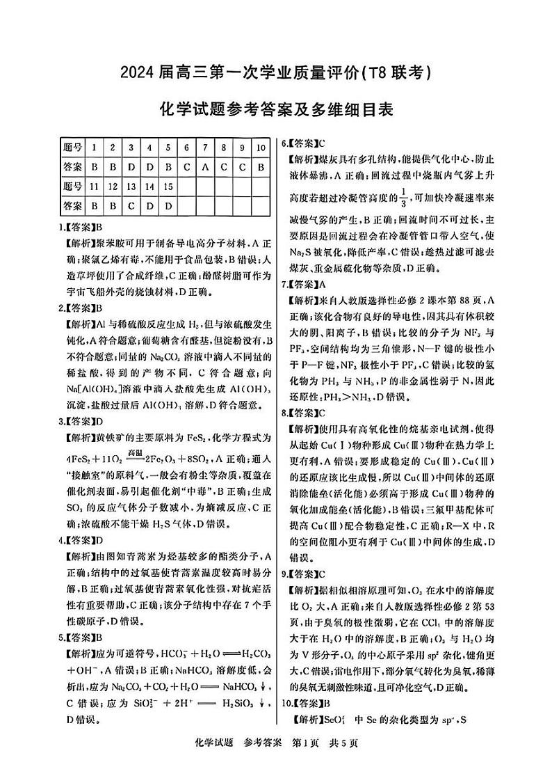 2024八省八校T8联考高三第一次学业质量评价化学试题PDF版含解析01