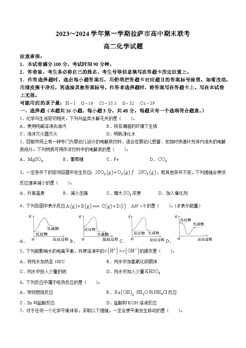 2024自治区拉萨高二上学期期末联考试题化学无答案第1页