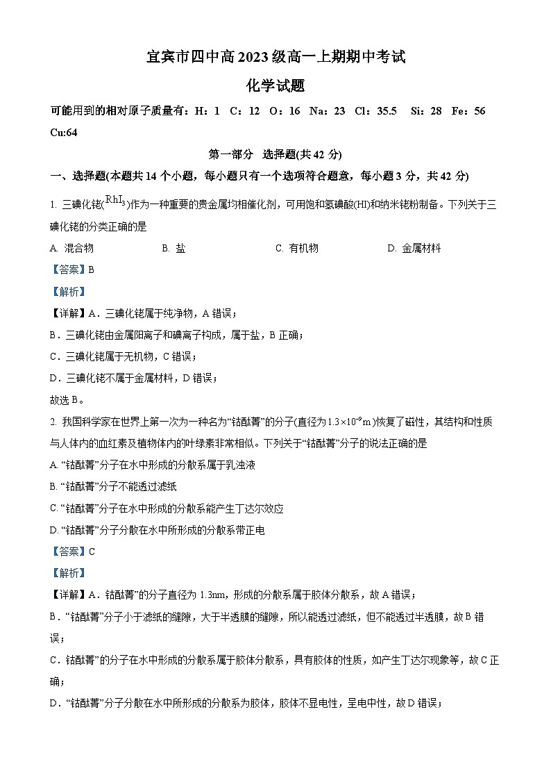 四川省宜宾市第四中学2023-2024学年高一上学期11月期中化学试题（Word版附解析）01