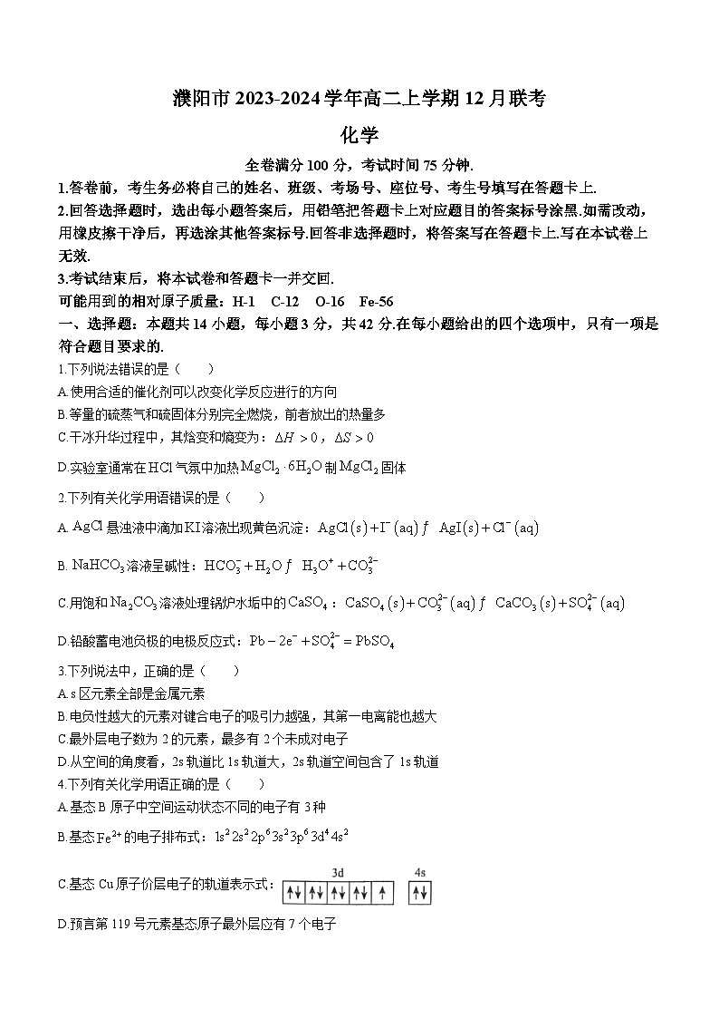 河南省濮阳市2023-2024学年高二上学期12月联考化学试题（含答案）第1页