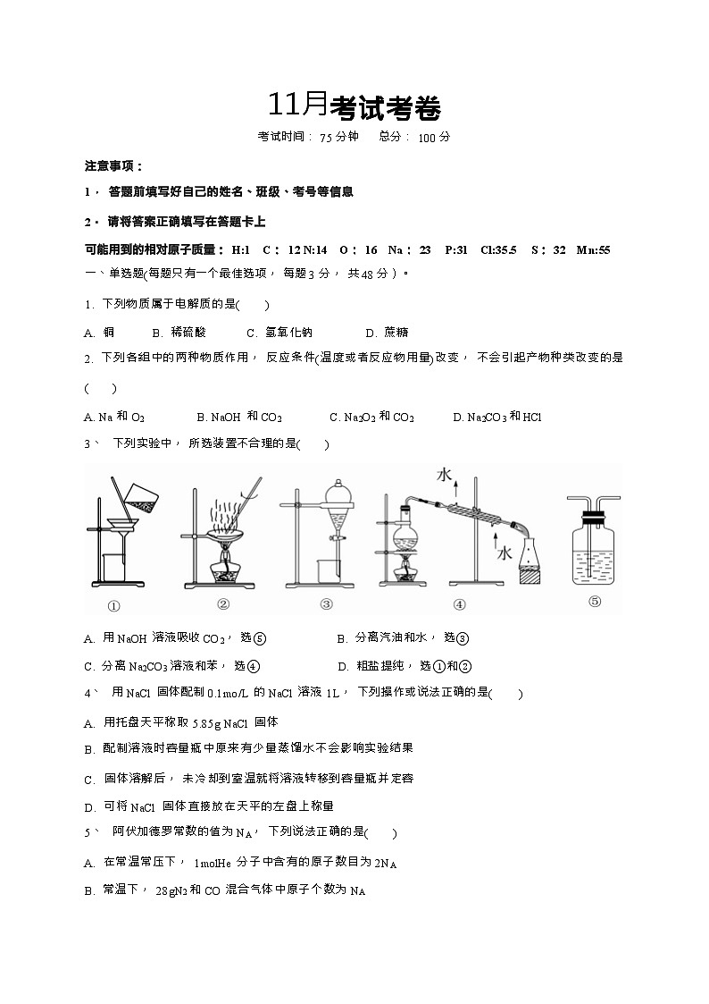 四川省达州外国语学校2023-2024学年高一上学期11月月考化学试题（Word版含答案）01