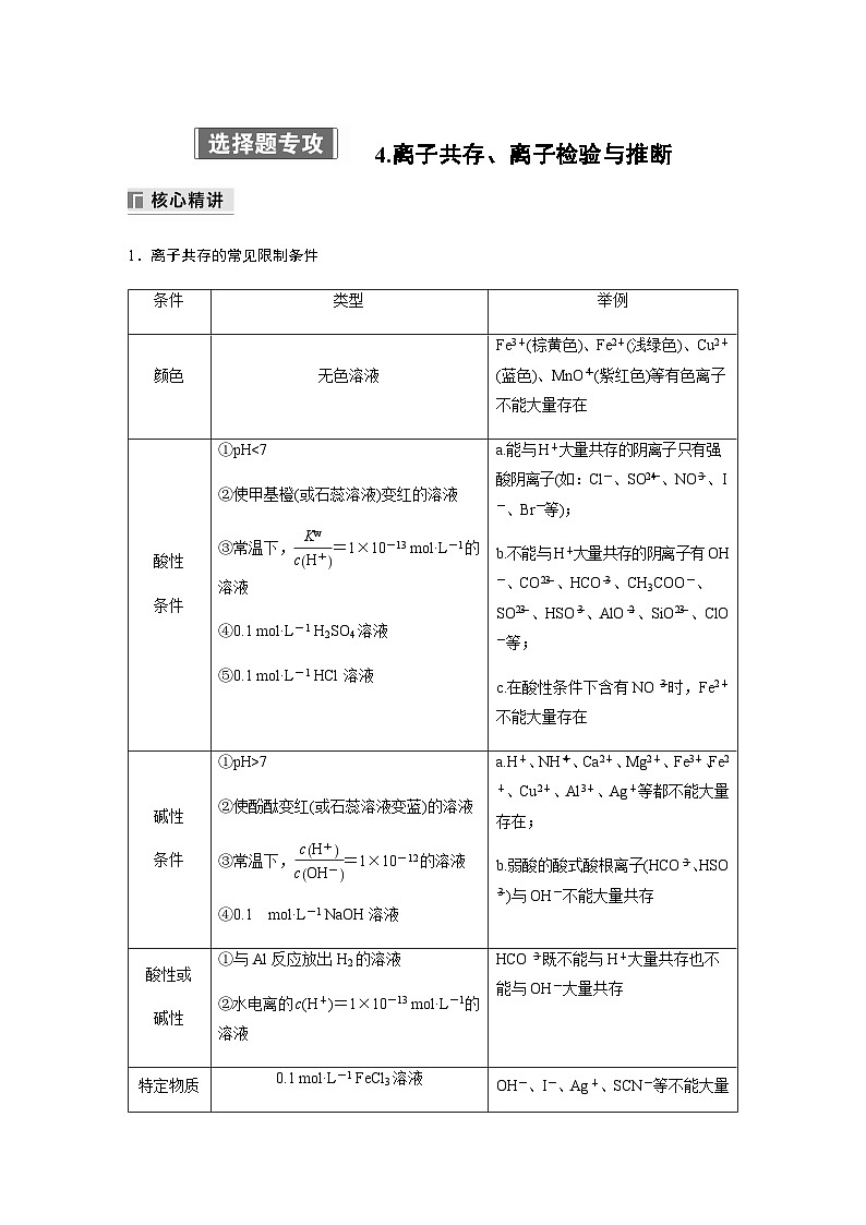 专题一 化学用语与基本概念　选择题专攻 4.离子共存、离子检验与推断（含解析）-2024年江苏高考化学大二轮复习讲义第1页