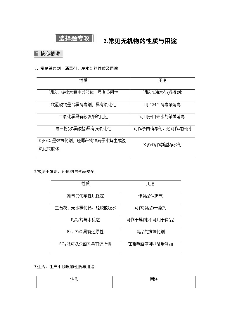 专题三 元素及其化合物 选择题专攻 2.常见无机物的性质与用途（含解析）-2024年江苏高考化学大二轮复习讲义01