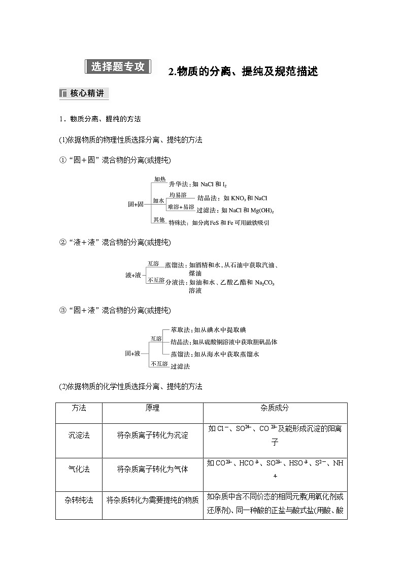 专题七 化学实验 选择题专攻 2.物质的分离、提纯及规范描述（含解析）-2024年江苏高考化学大二轮复习讲义第1页