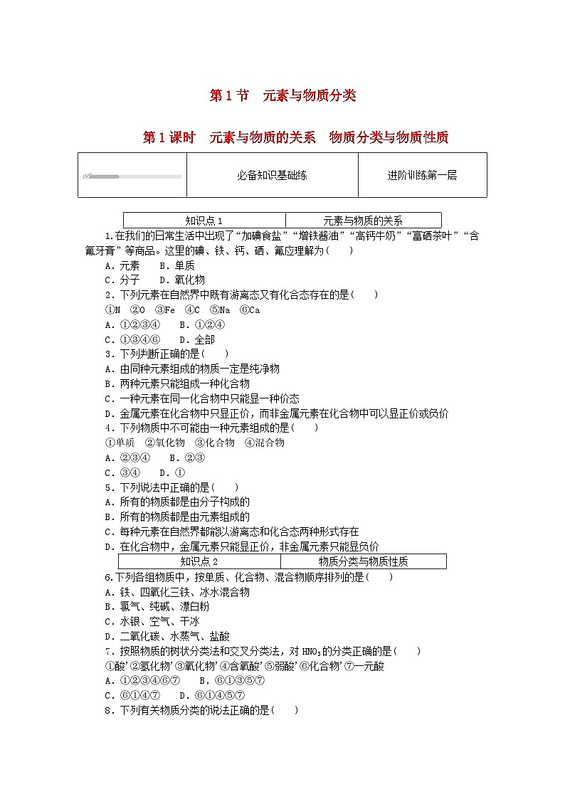2023版新教材高中化学第2章元素与物质世界第1节元素与物质分类第1课时元素与物质的关系物质分类与物质性质课时作业鲁科版必修第一册01