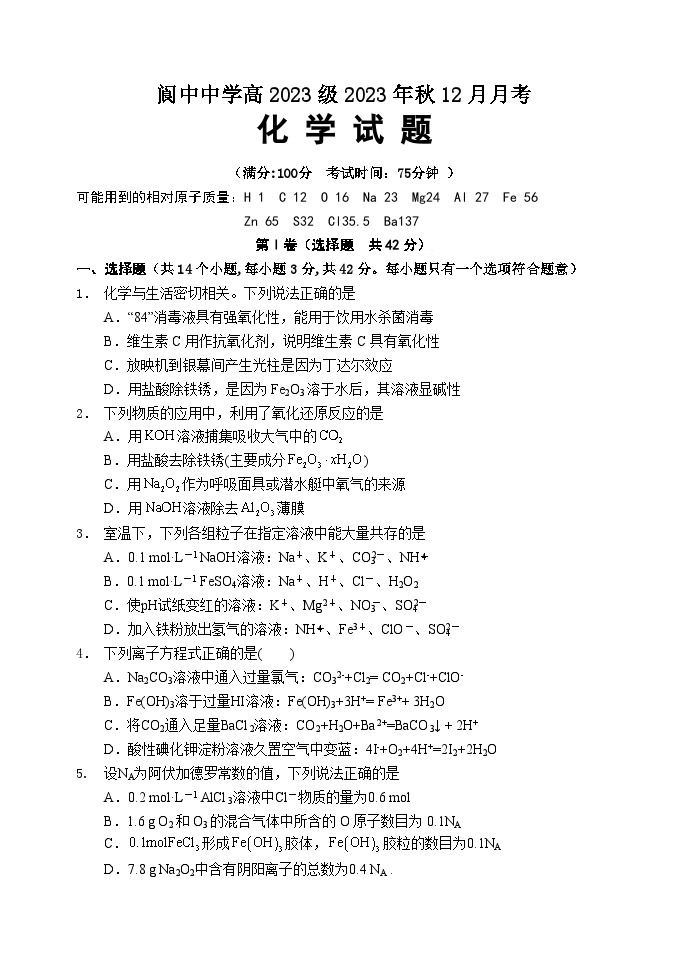 2024四川省阆中中学高一上学期12月月考试题化学含解析01