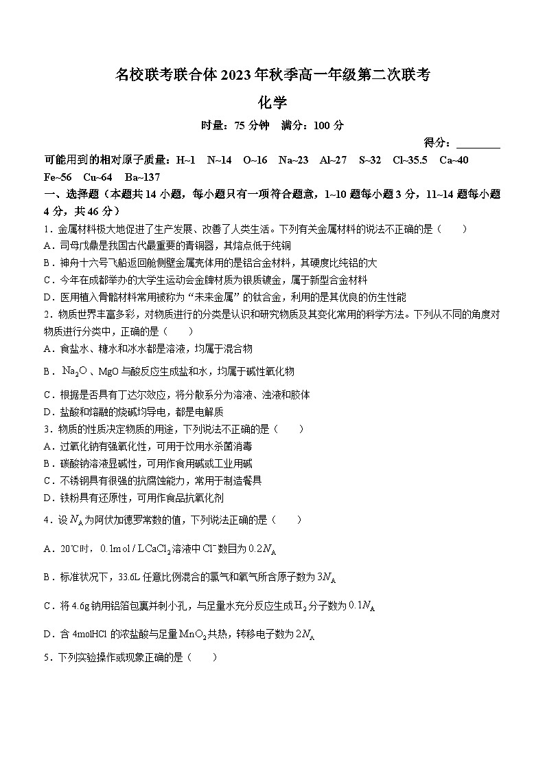 2024长沙名校联合体高一上学期第二次联考化学试题含解析01