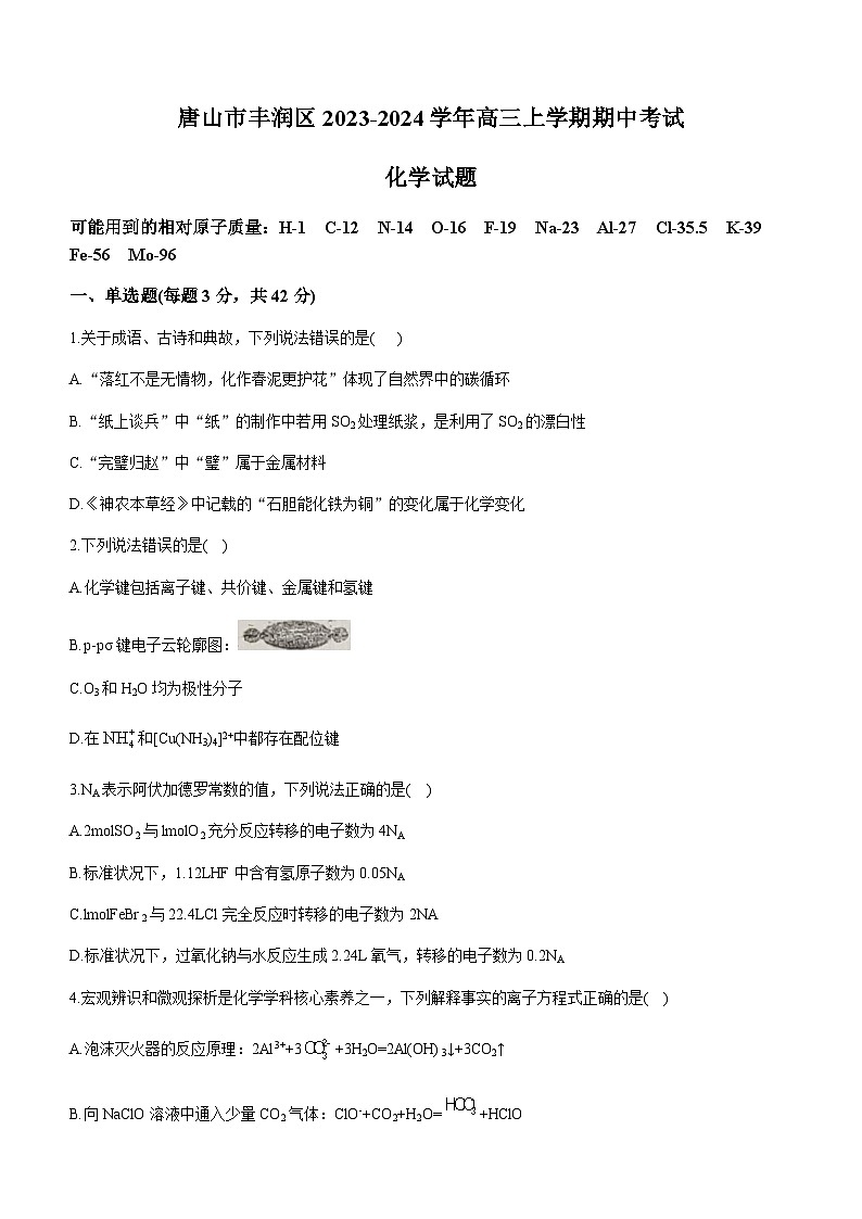 河北省唐山市丰润区2023-2024学年高三上学期期中考试化学试题（含答案）第1页